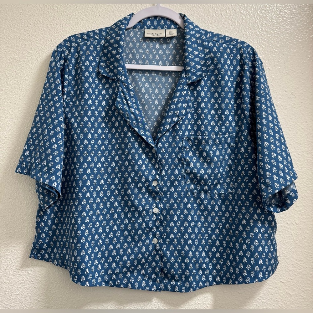 Haute Hippie Pajama Set Button Up Top Shorts Pockets Geometric Womens Large